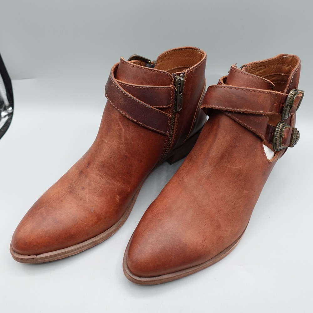 Frye Ray Western Boots Women 7 M Cognac Zip Shootie Boho Harness Ankle Boot
